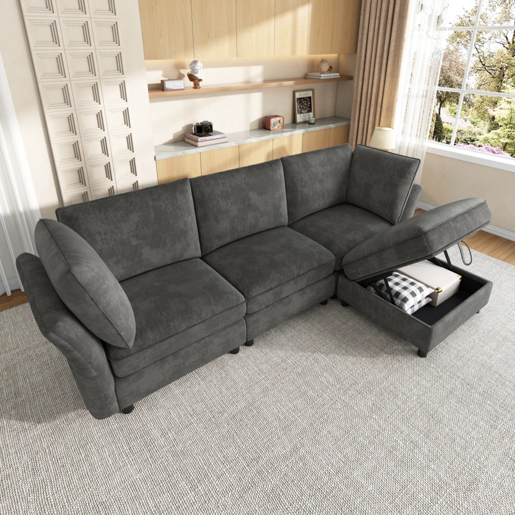 Divano modulare angolare 4 posti - con pouf contenitore e cuscini - in chenille grigio