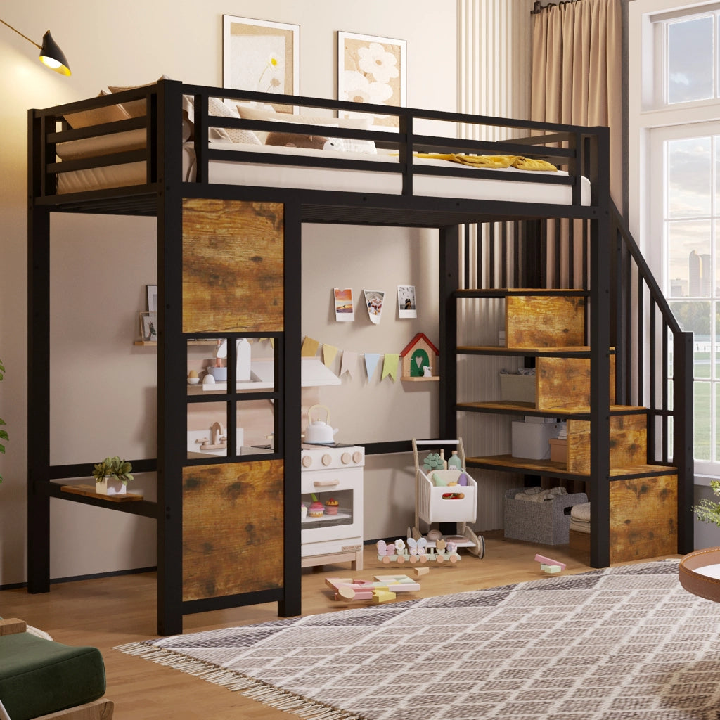 LETTO a soppalco 90x200 cm in metallo e MDF nero con scala contenitore