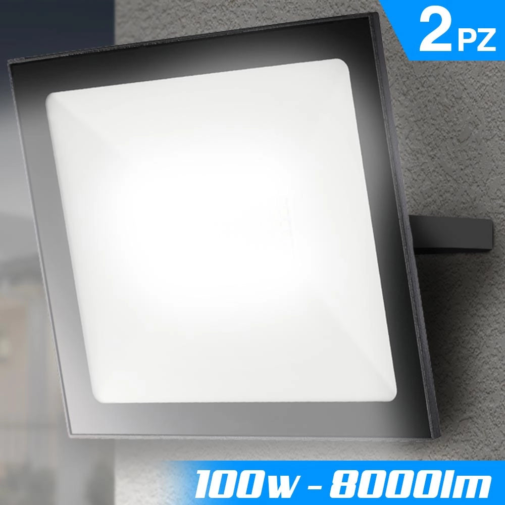 Set 2 Fari Led 25x28,5x18 cm Potenza 100W Luce Bianca Alta Luminosità 8000 lm in Alluminio e Vetro Nero