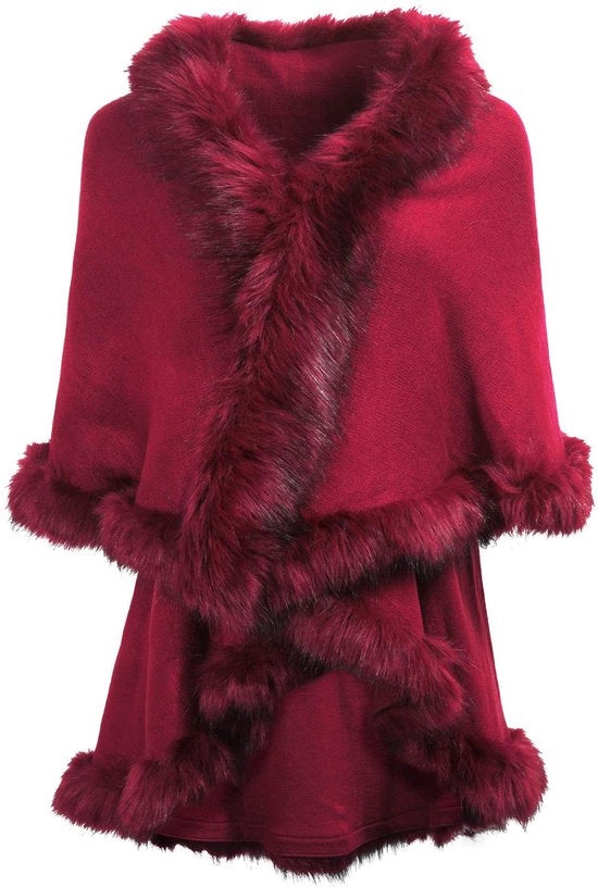 Poncho in Tela di Acqua con Tratti di Pelliccia Finta e Cappuccio in Relaxed Fit
