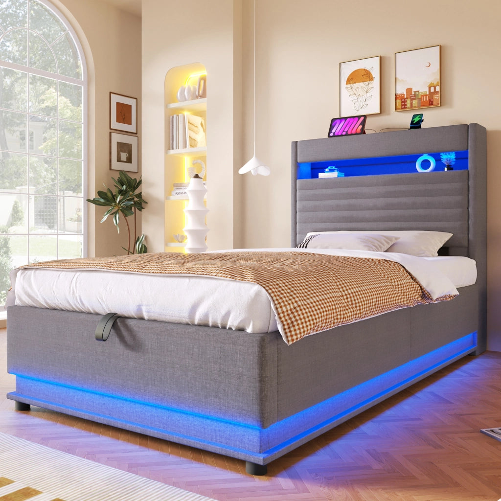 LETTO contenitore 90x200 cm in lino grigio con LED e USB Type-C