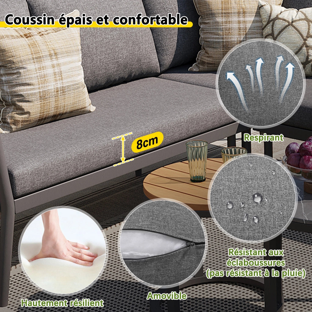 OKWISH Set da 6 Pezzi da Giardino con 2 Divani, 1 Poltrona, 1 Divano Angolare e 2 Tavoli, Metallo Olefin Grigio