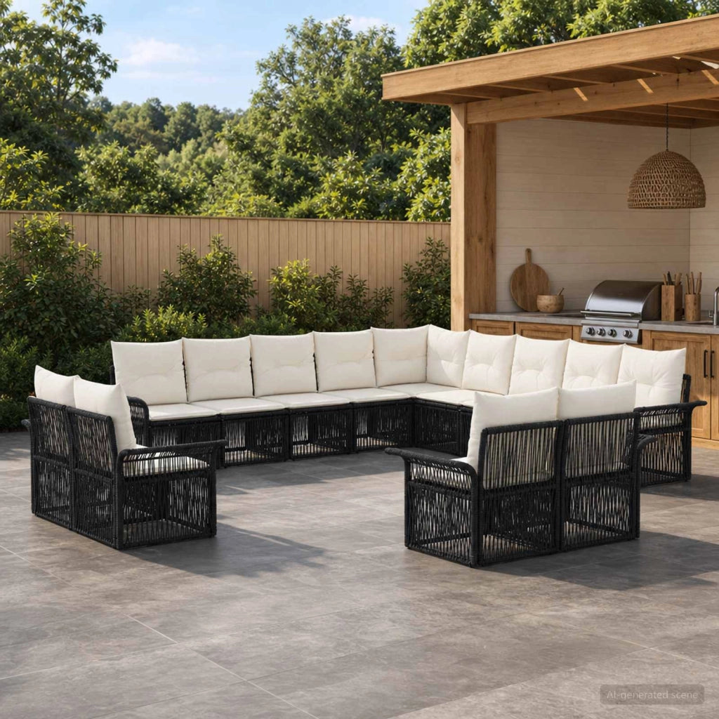 Set Divano da Giardino 13 pz Nero e Bianco Crema polyrattan 3435010