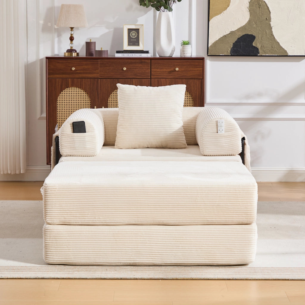 Divano Modulare con Pouf, con Tasca Laterale e Cuscino, in Velluto a coste, Beige