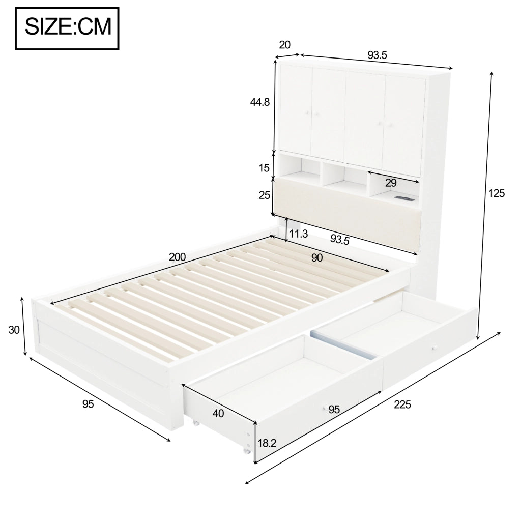 Letto singolo per bambini 90x200 cm con testiera imbottita; vani; LED; presa elettrica; cassetto e rete; legno bianco