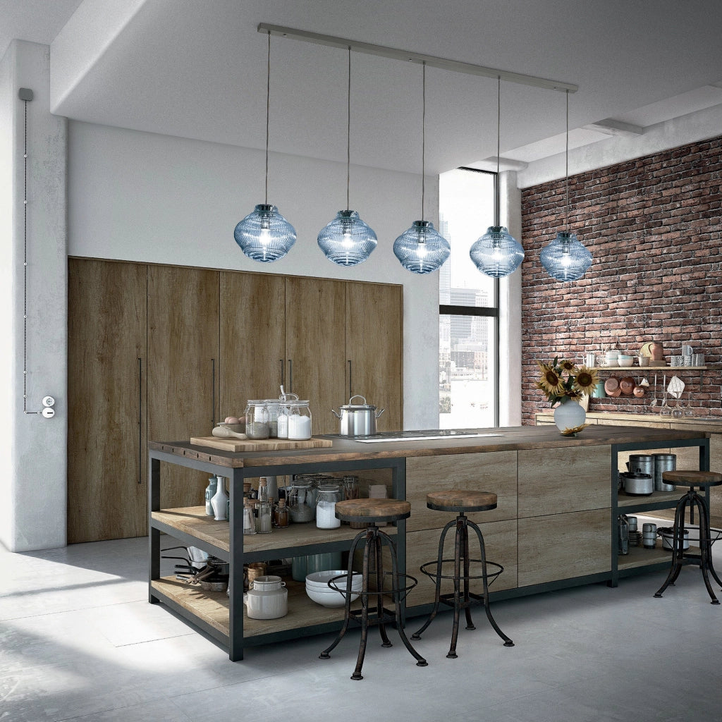 Bonnie Lampada a sospensione in vetro soffiato trasparente lavorazione rigadin, struttura metallo grigio, altezza 313 cm, attacco E27, ideale indoor