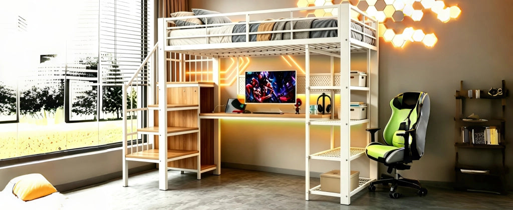DESMIU Lit soppalco 90 × 200 cm 1 posto con scala contenitore, LED, prese, ripiani, senza materasso, in metallo e legno, bianco