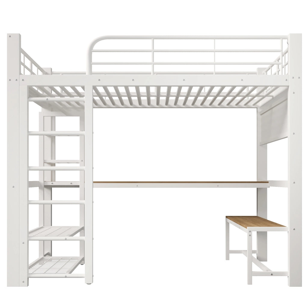 Letto a soppalco in metallo 140x200 cm con scrivania, LED e spazio contenitivo, bianco