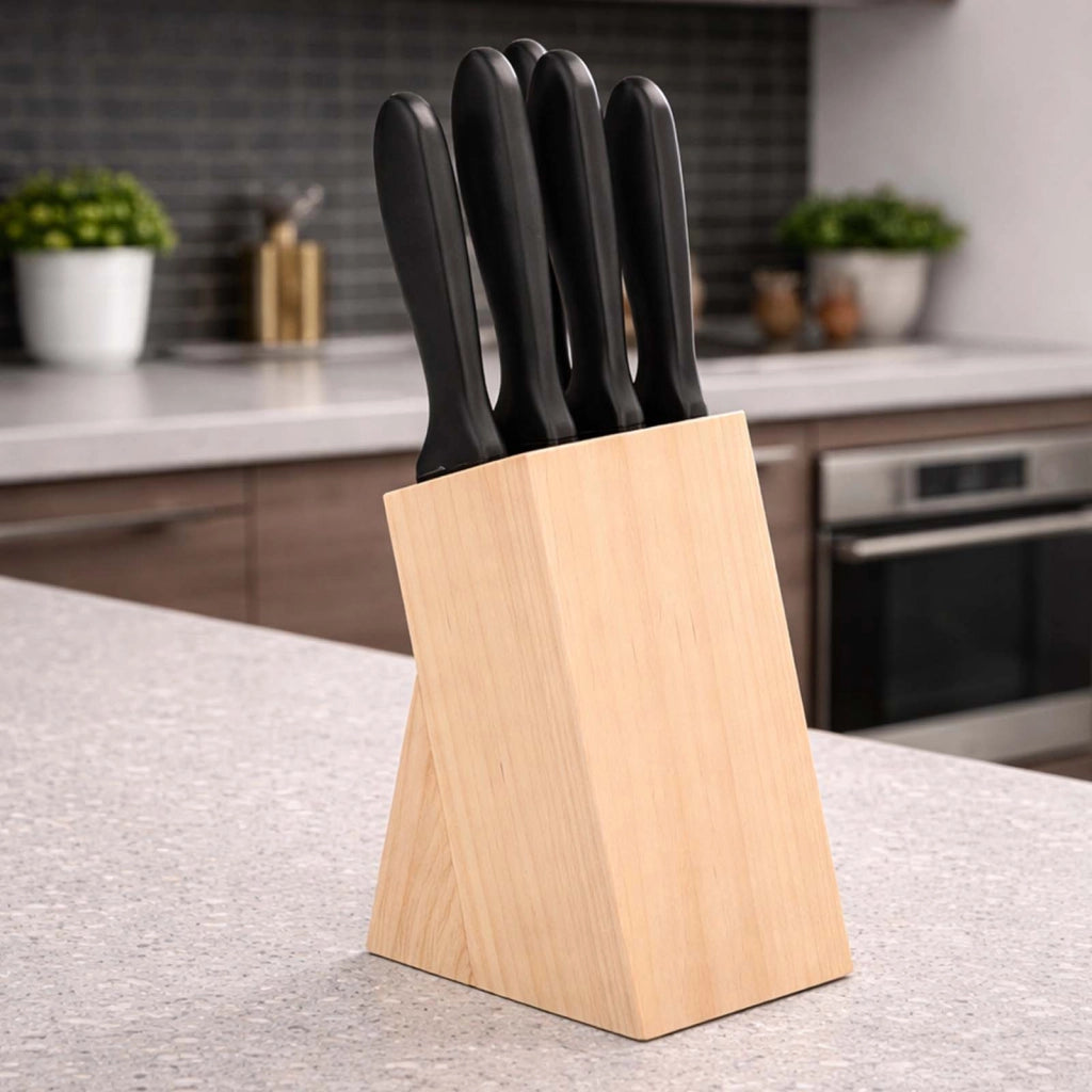Set Coltelli 6 pezzi Inox con Blocco Portacoltelli in Legno Manici Ergonomici Nero / Argento Cheffinger