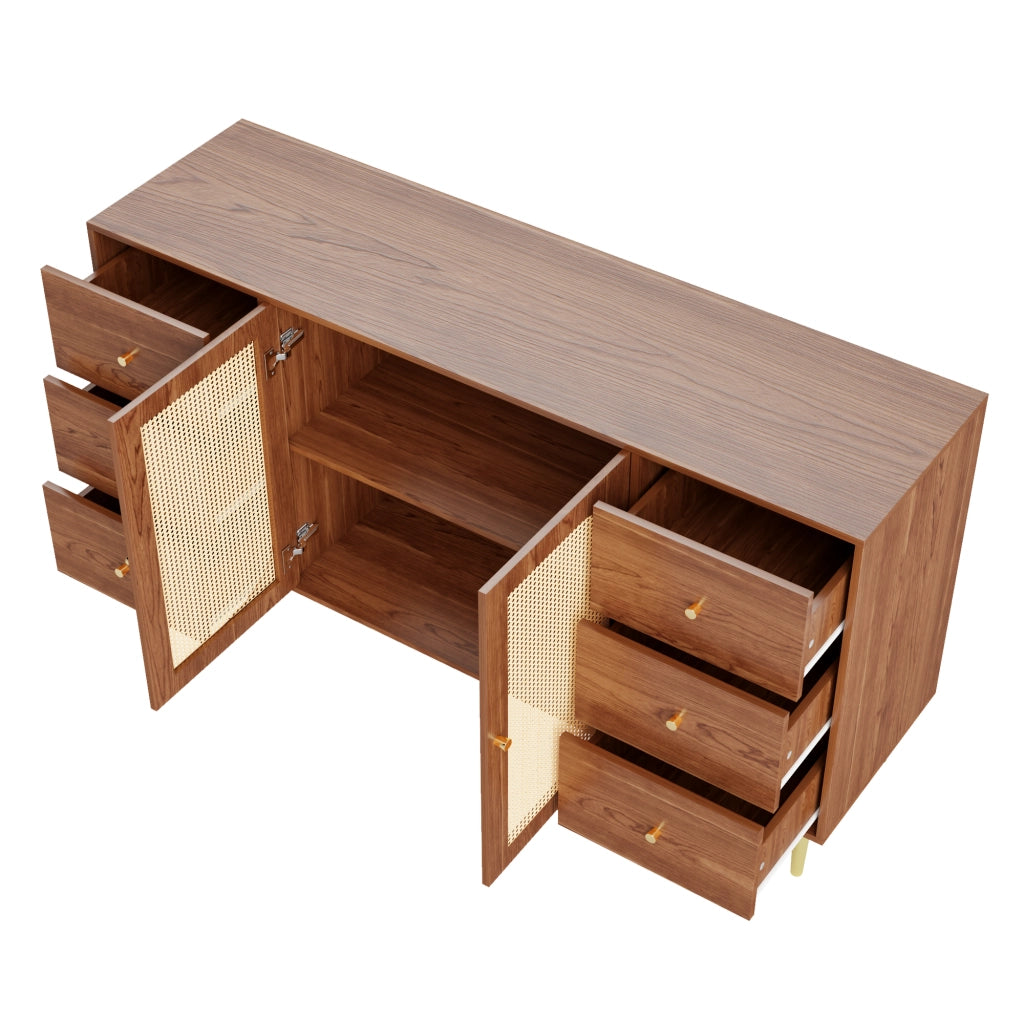 CREDENZA 160x40x90 cm in MDF colore legno con ante in rattan