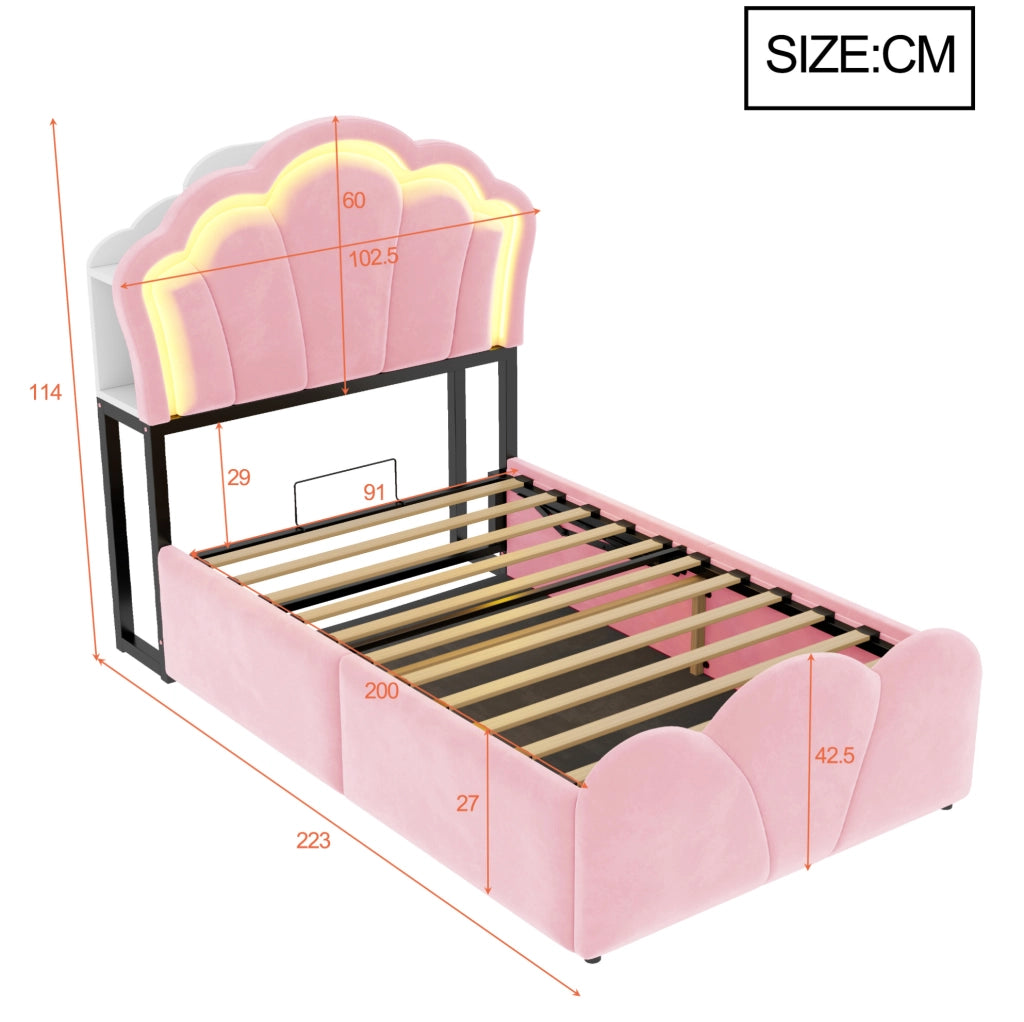 Letto imbottito 90x200 cm con contenitore idraulico, LED e prese integrate