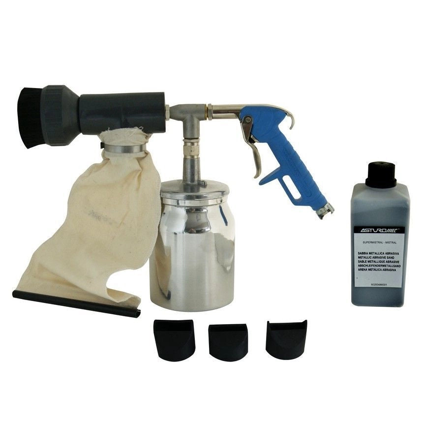 Walmec 0060150 Mistral Pistola Sabbiatura Kit serbatoio alluminio 1000 cc 3 ugelli gomma pressione 5,0 8,0 bar 2,2 Kg