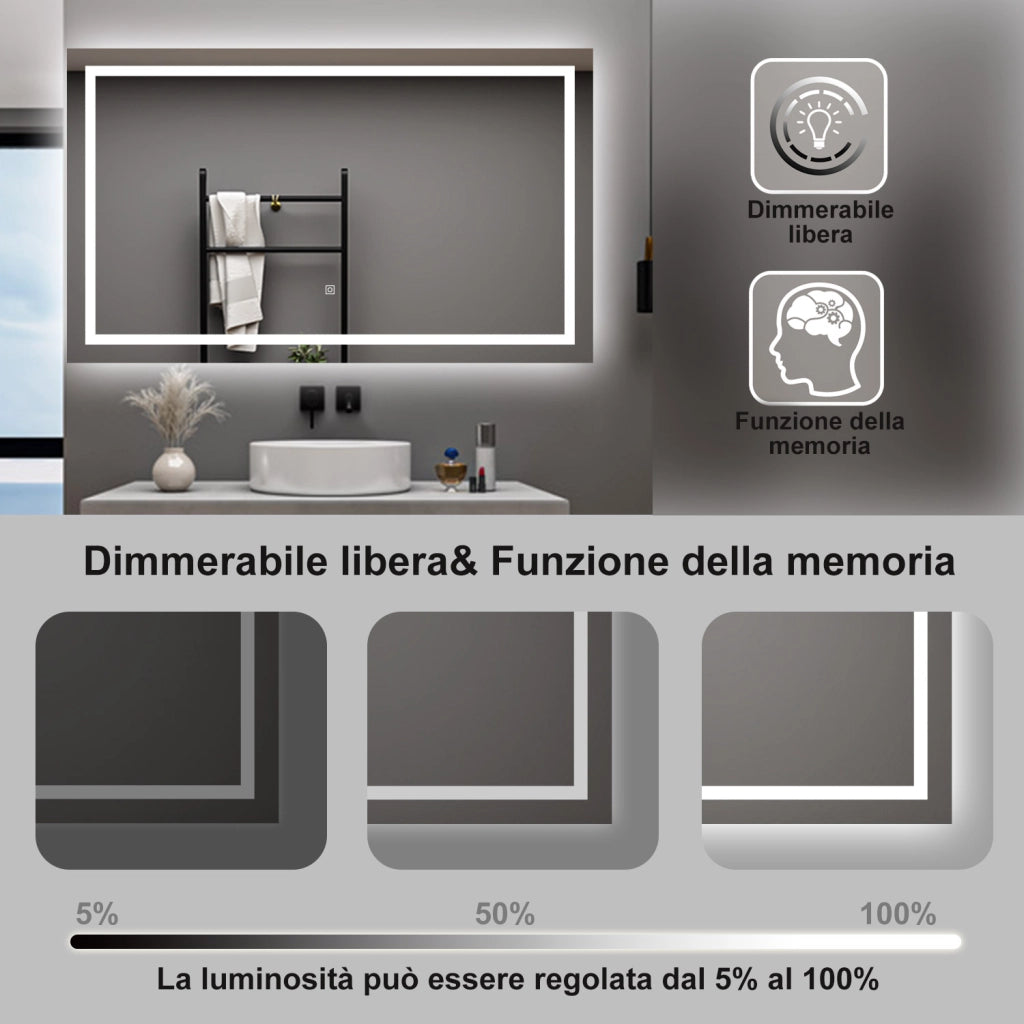 AICA Specchio da bagno  100 x 60 cm, dimmerabile, interruttore touch, Funzione Memoria, antiappannamento