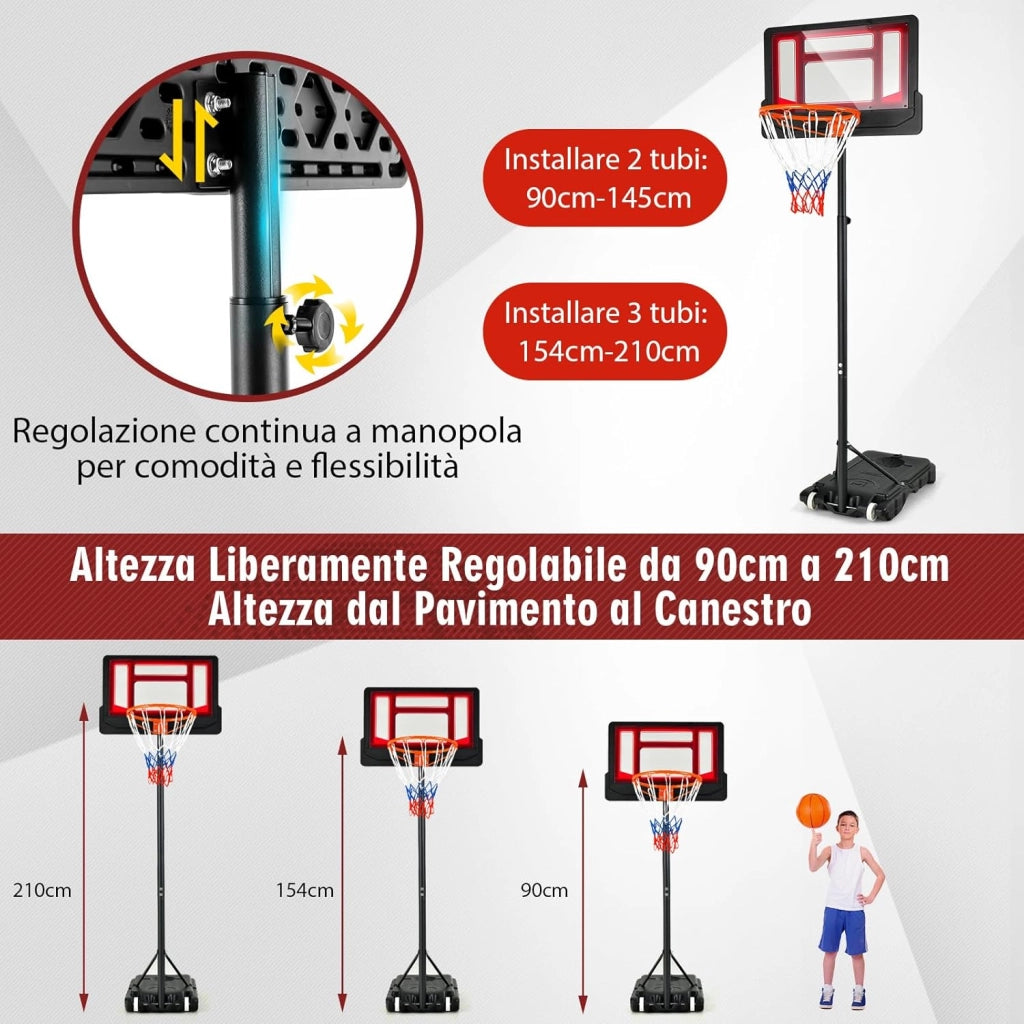 Canestro Basket da Interno ed Esterno Portatile e Regolabile in Altezza 90-210cm, Canestro da Basket per Bambini con Ruote, Incavo per Pallone e Tabellone Infrangibile