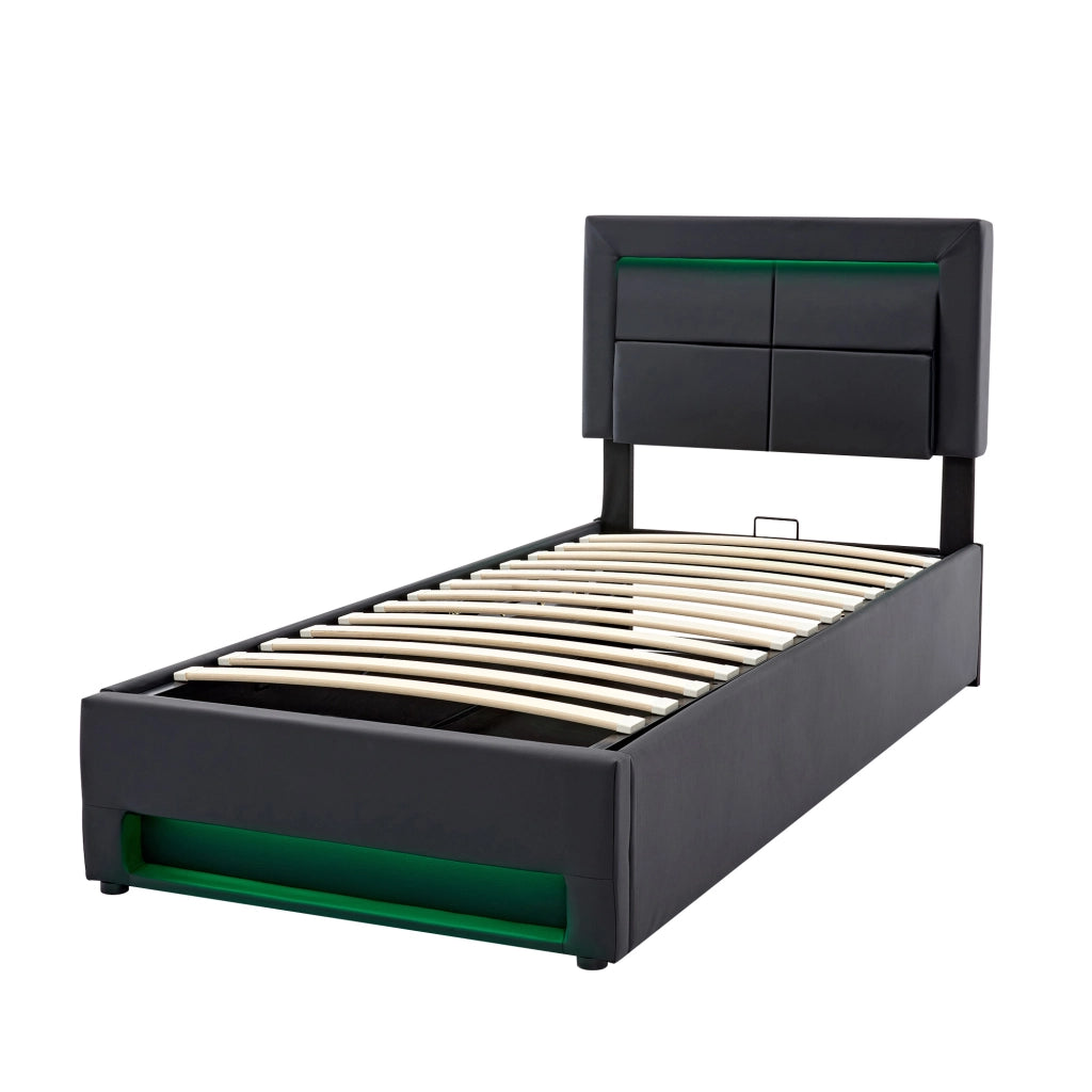 Letto imbottito 90x200 cm con USB, LED e contenitore, senza materasso, nero
