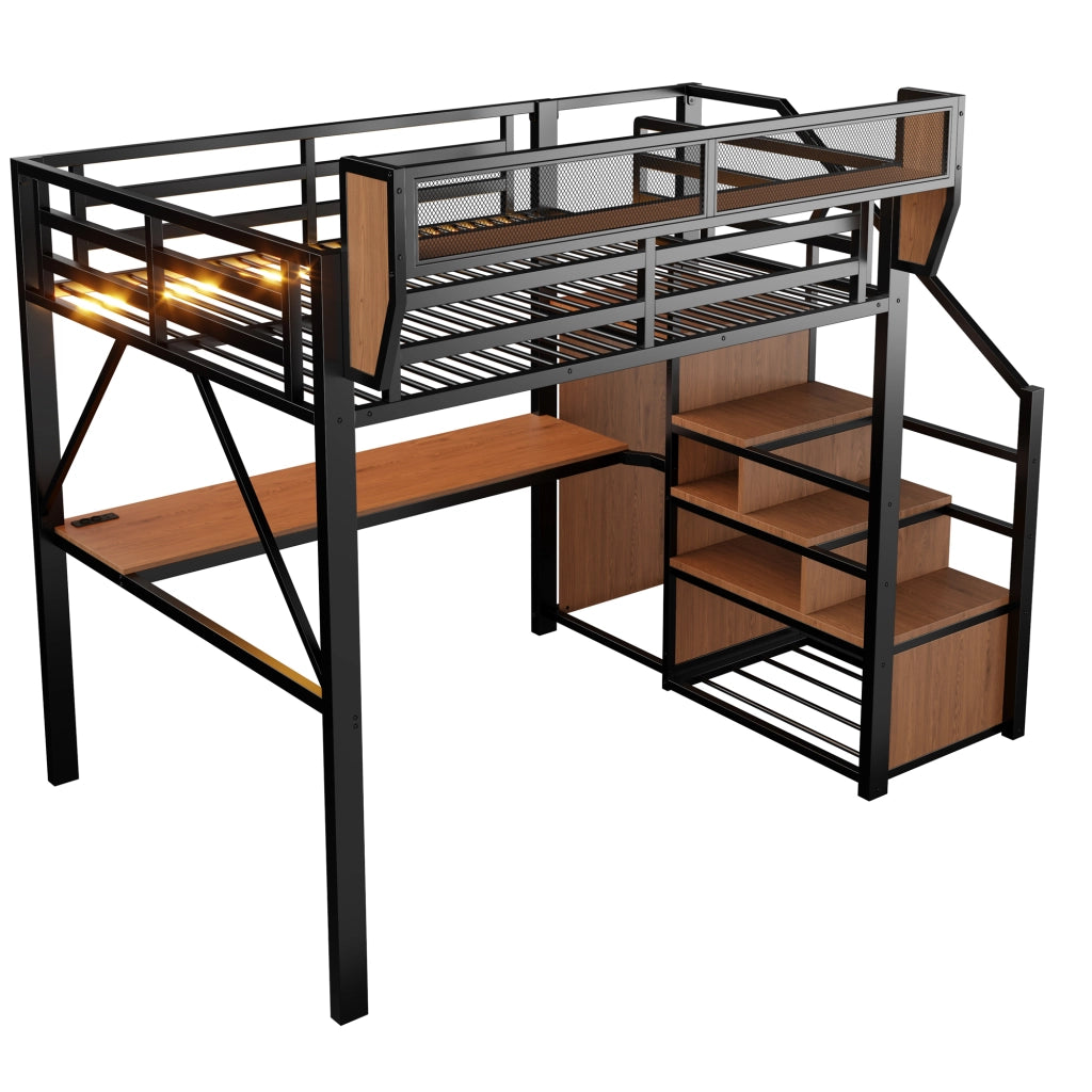 Letto a soppalco matrimoniale con striscia LED; scrivania da 200 cm; scala di sicurezza e scaffale flessibile 140 × 200 cm; senza materasso
