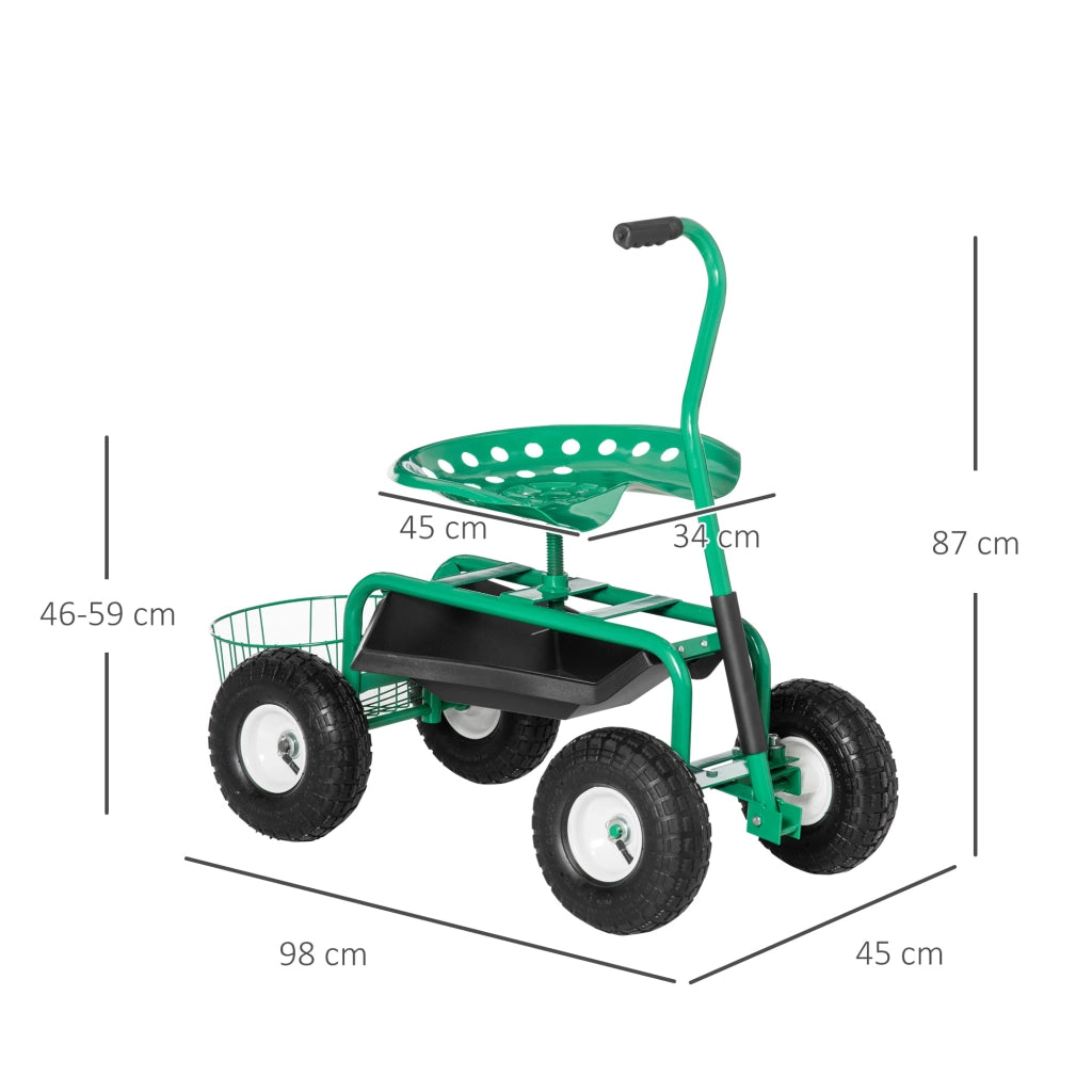 Carrello da giardino, carrello da officina, sedile da giardino girevole, cestino portaoggetti, altezza regolabile, portata 150 kg, verde, 81 x 44,5 x