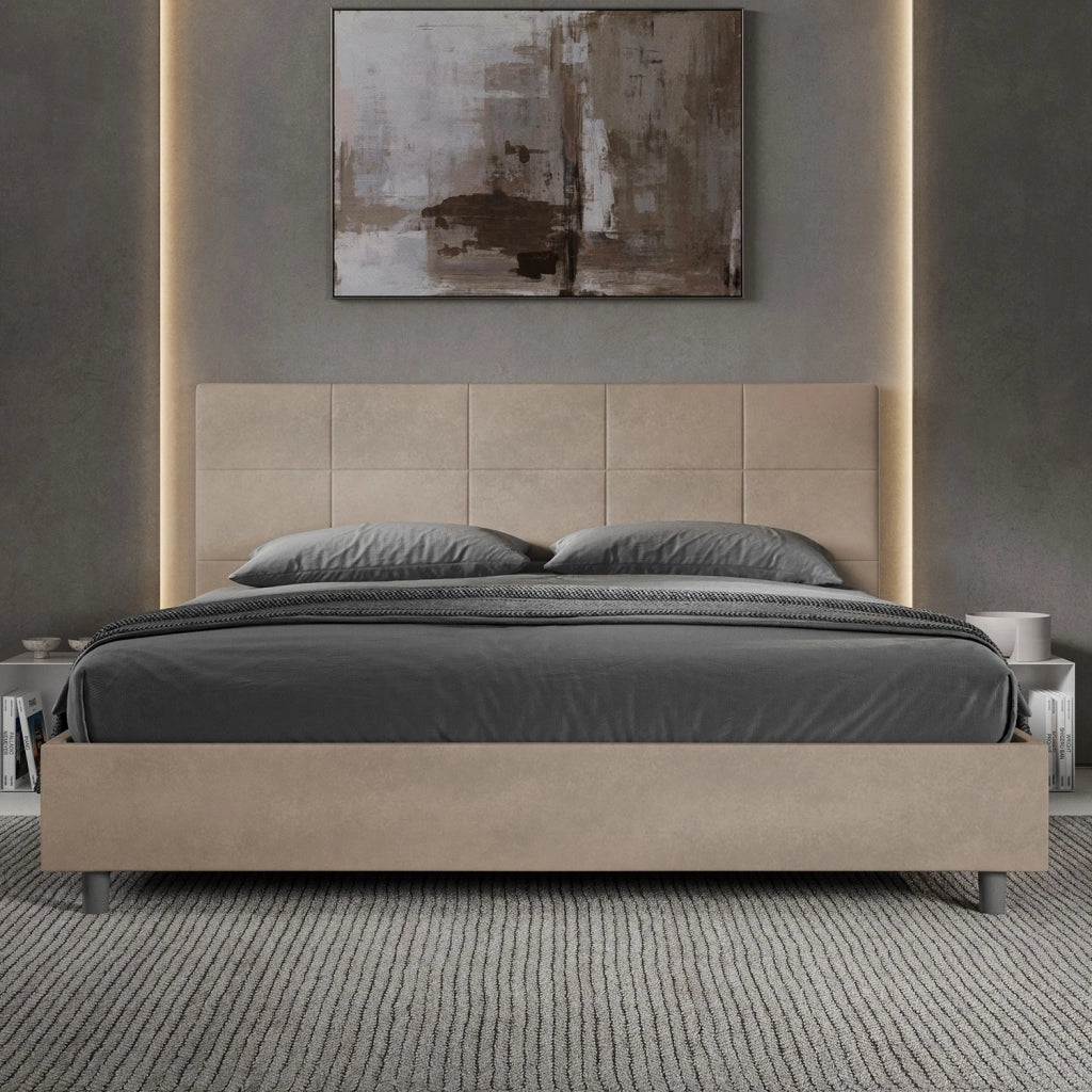 BS COM Letto matrimoniale king size contenitore imbottito 190x210 microfibra sabbia