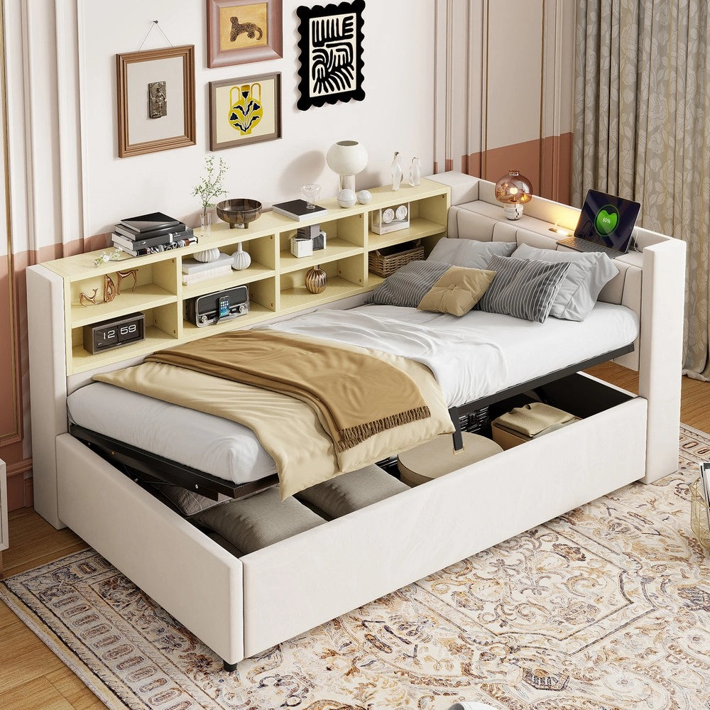 Letto Imbottito Contenitore con Testiera, Luce LED e USB ¨C MINIMAL ¨C Velluto Beige 90x200