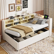 Letto Imbottito Contenitore con Testiera, Luce LED e USB ¨C MINIMAL ¨C Velluto Beige 90x200