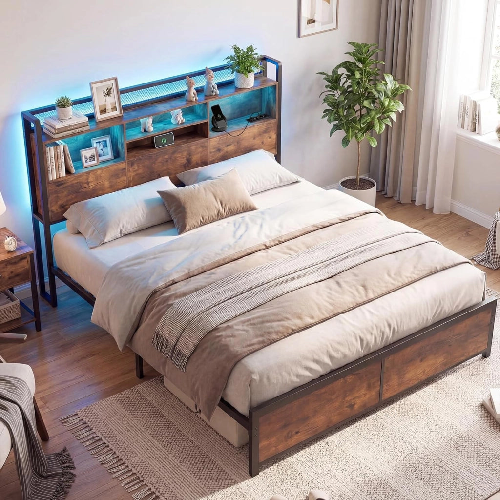 Struttura Letto con Testiera Contenitore, Letto a Piattaforma in Metallo con Stazione di Ricarica 3 Ripiani, Silenzioso, Carico Massimo 300kg (160 x 200 cm Stile 2)