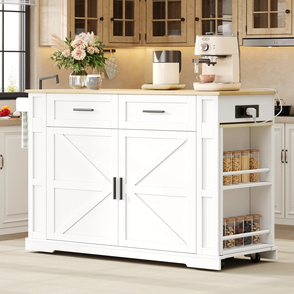 Carrello da cucina con 2 cassetti; doppia anta; ripiano regolabile; prese e porta asciugamani; in MDF; bianco e rovere