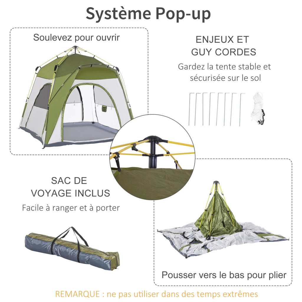 Tenda da campeggio pop-up 3 persone ¨C Xylo ¨C con 4 porte, 4 finestre e borsa per trasporto, verde e grigio