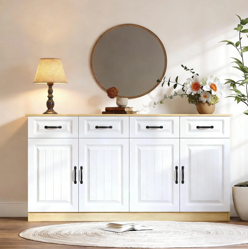 Credenza sideboard 160 cm con 4 cassetti e 4 ante; ripiani interni; MDF bianco