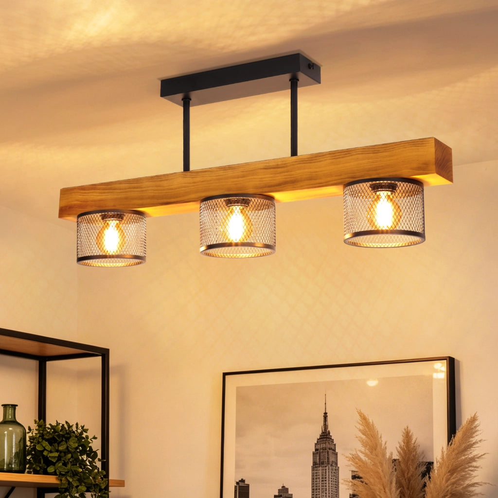 ZMH Lampada da Soffitto Vintage Legno E14 3 Luci Metallo Gitterschirm Industriale per Soggiorno Camera Senza Lampadina