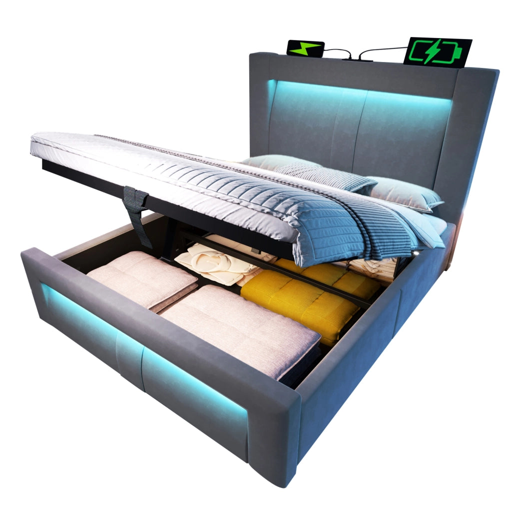 Letto singolo 90x200 cm con contenitore; LED; prese USB e Type-C; velluto grigio