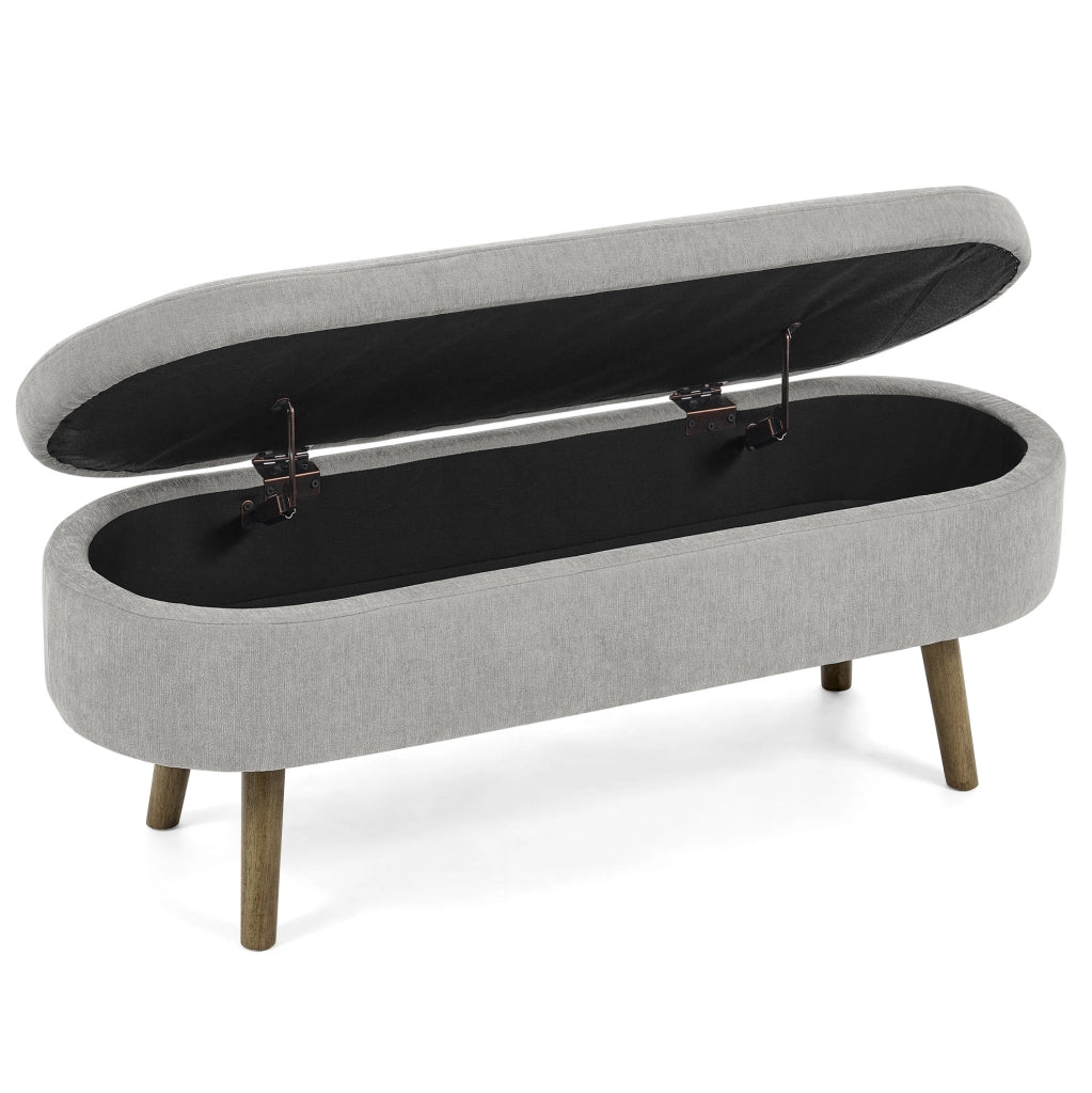 Panca contenitore ovale 110x40x42 cm in tessuto chenille grigio con struttura in legno massello