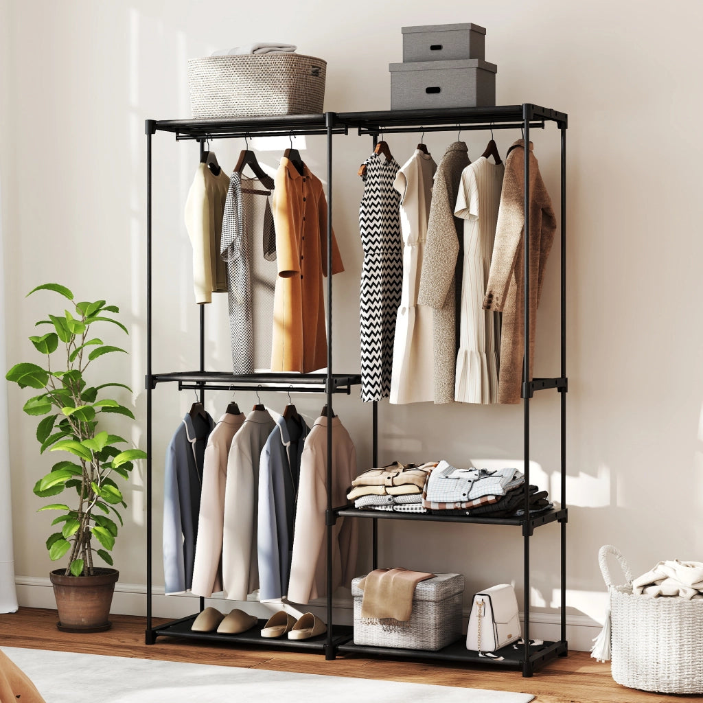 Armadio Guardaroba ¨C Xylo ¨C 2 Aste Appendiabiti 4 Ripiani Tessuto Acciaio 142x43x185 cm Nero