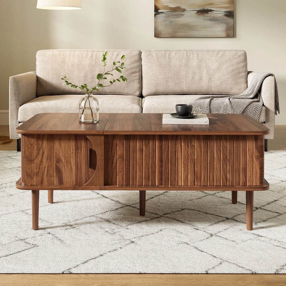 Tavolino da Salotto Moderno ¨C Xylo ¨C Effetto Noce, Piano Regolabile, Legno, Ante Scorrevoli