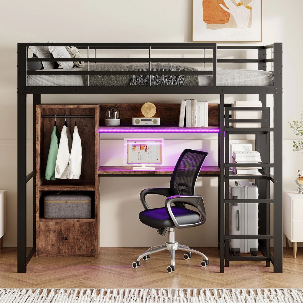 Letto a Soppalco con Scrivania e LED ¨C MINIMAL ¨C Metallo Nero 90x200, Cassetti, Rete a Doghe