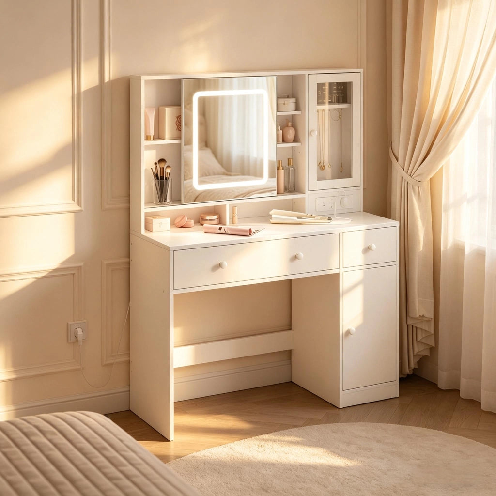 Toeletta con specchio LED; 2 cassetti; armadio e ripiani per camera da letto; 108×40×139 cm