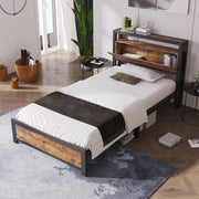 Letto singolo in metallo con testiera contenitore; doghe in metallo; nero; 90x200 cm; senza materasso