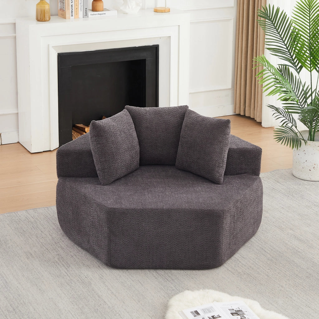 Poltrona lounge modulare esagonale in chenille grigia con 3 cuscini