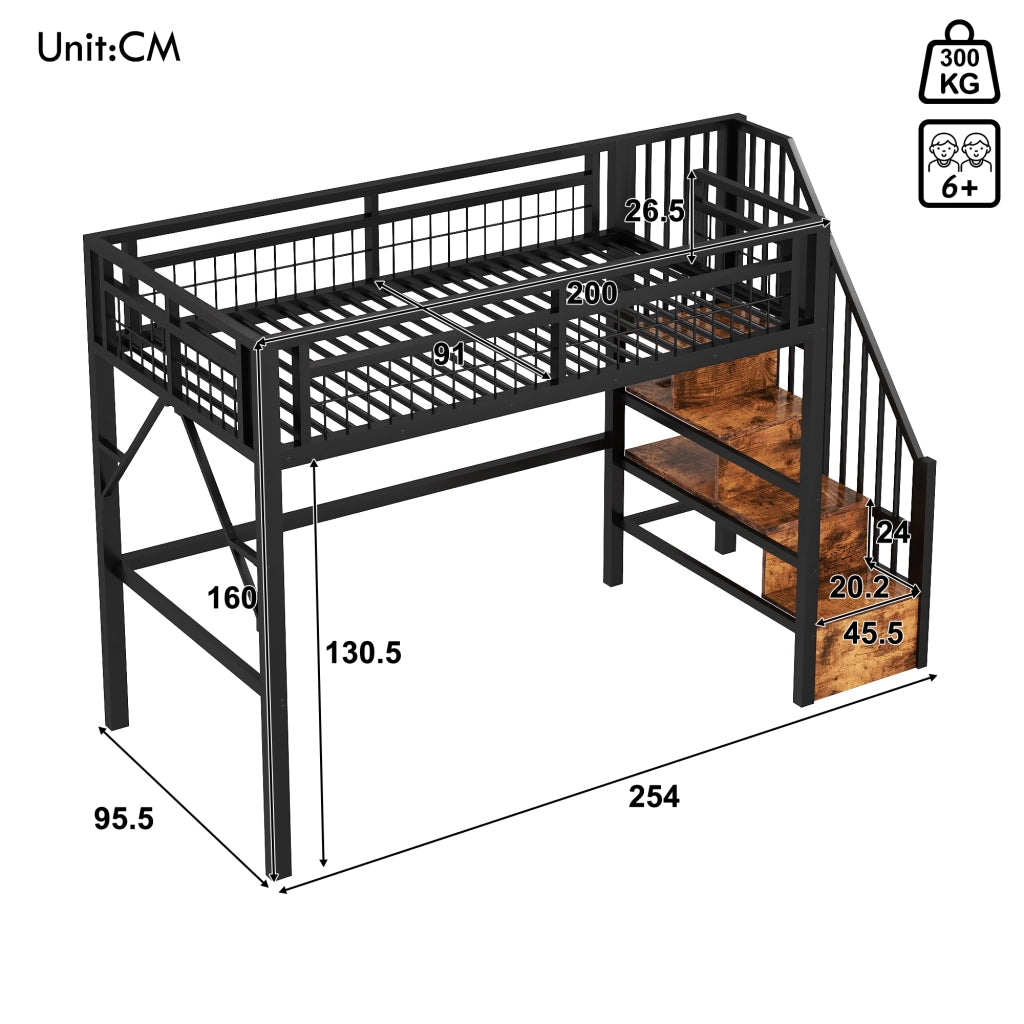 OKWISH Letto a Soppalco 90×200 cm, Letto Singolo con LED Regolabile, Scala con Contenitori e Spazio Libero, senza Materasso, in Metallo, Nero
