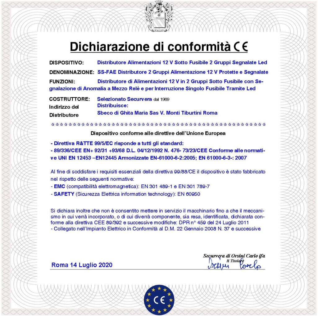 Alimentazioni 12 V Protette da Fusibile Distribuite in 2 Gruppi Con 6 Uscite Segnalazione Interruzione Singola e Anomalia Generale Tramite Relè Contatti Puliti Utile Protezione Delle Periferiche