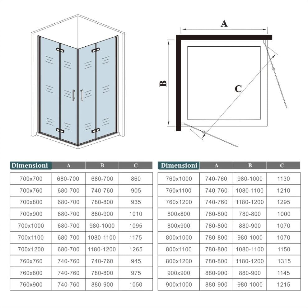 190 cm Box Doccia Angolare Doppia Porta Battente Pieghevole 76x110 cm in Vetro Temperato Trasparente 5 mm Anticalcare Telaio Nero Opaco