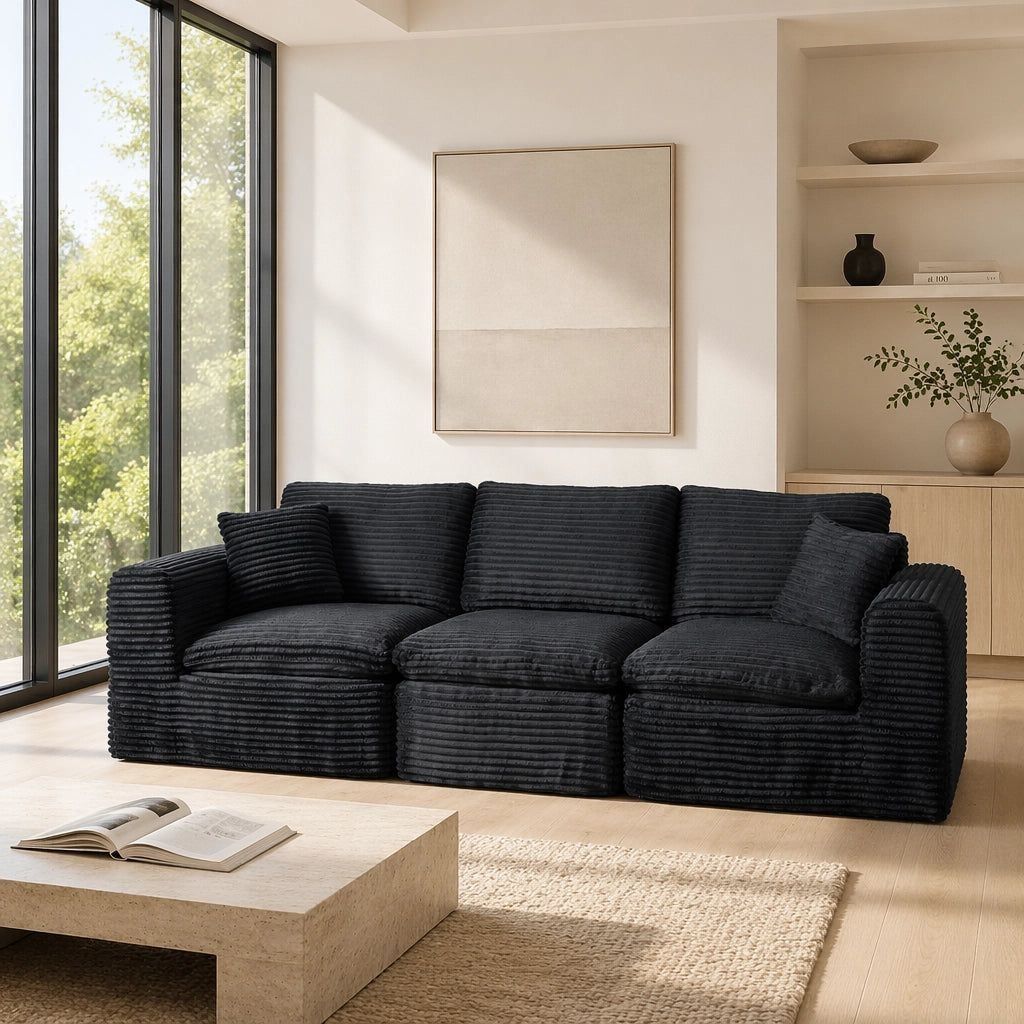 Divano modulare a 3 moduli convertibile in letto, rivestimento in velluto a coste nero e blu, sfoderato?