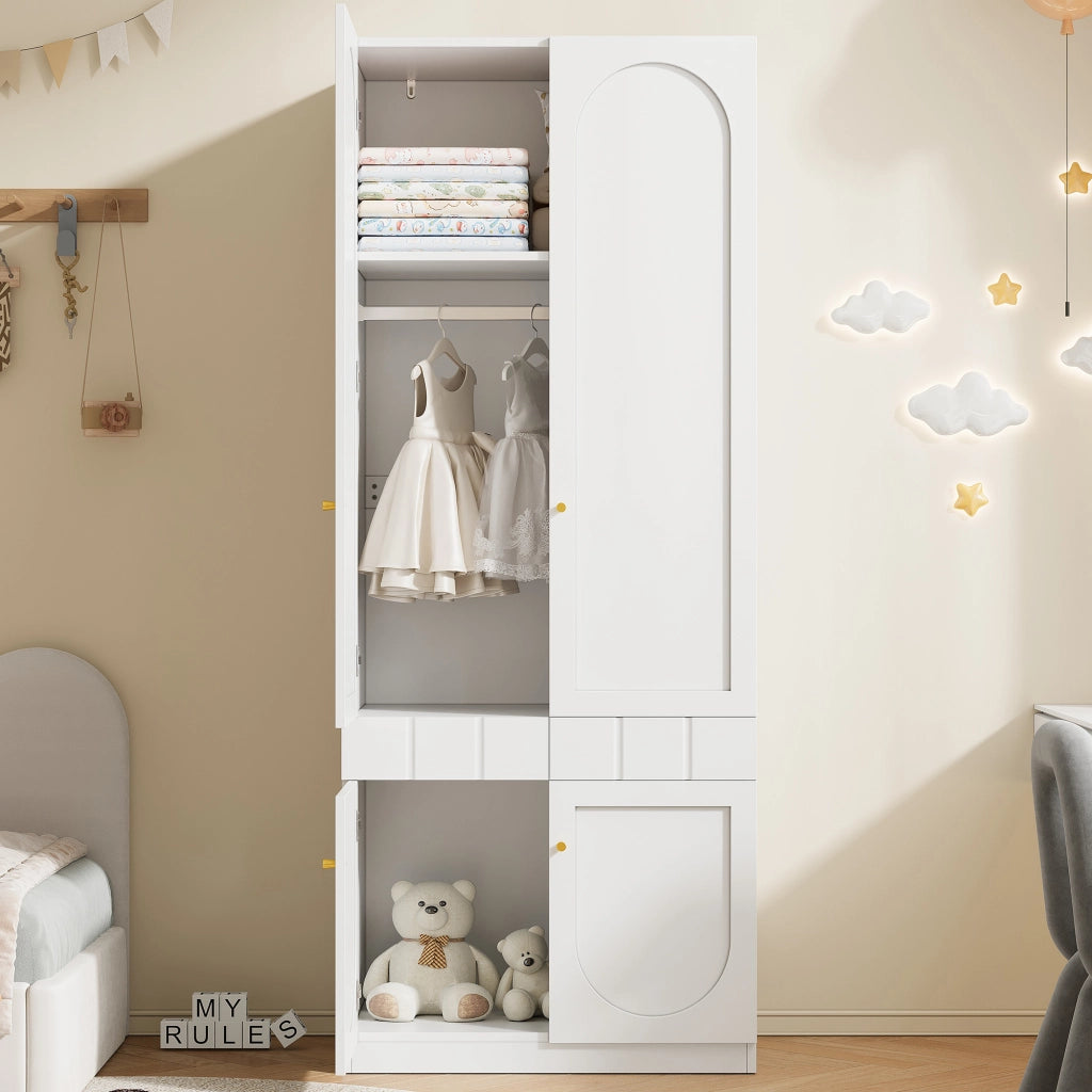 Armadio per bambini, 2 cassetti, ripiani, maniglie in metallo, 80??50??200 cm, bianco