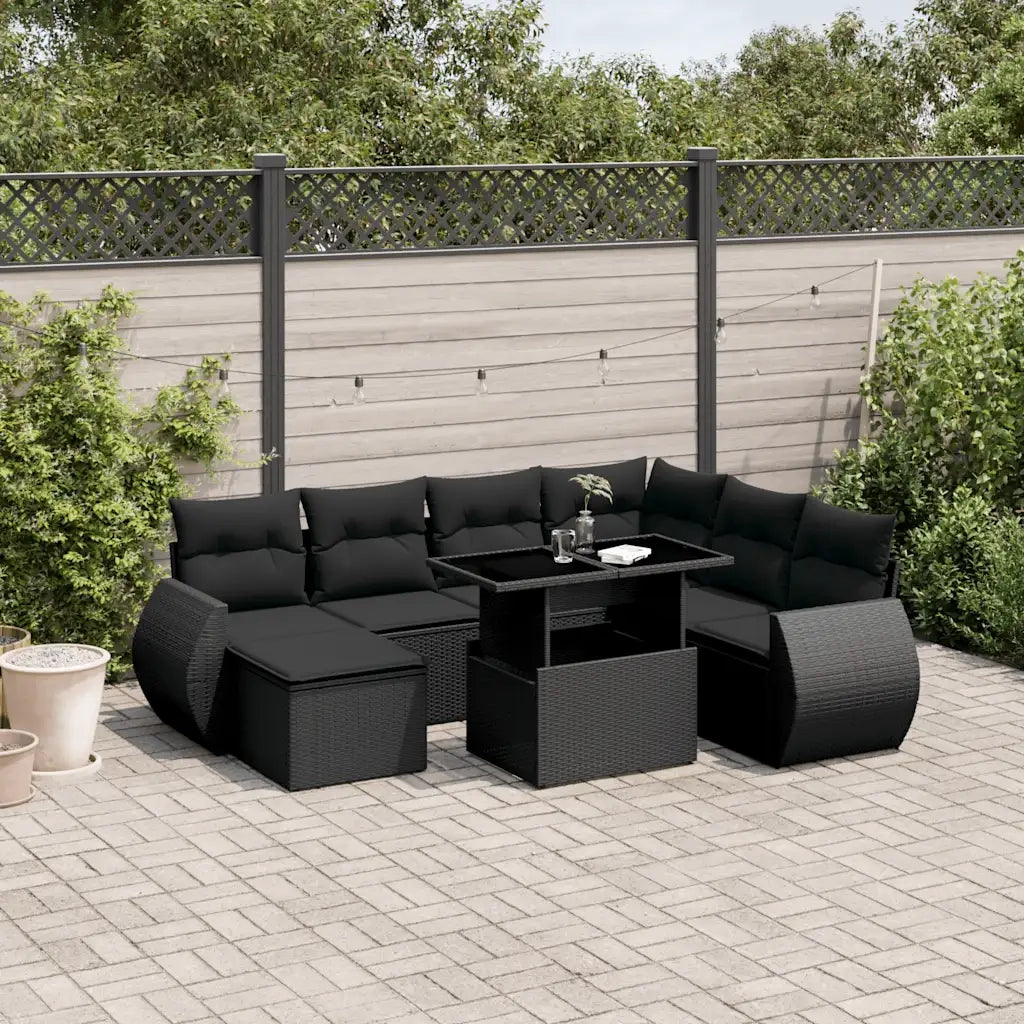 Set Divani da Giardino con Cuscini 8 pz Nero in Polyrattan