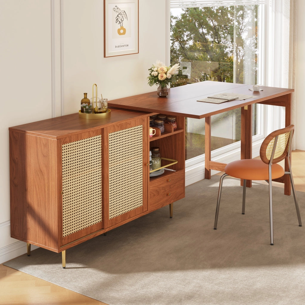 Tavolo Bar Girevole 360¡ã con Anta in Rattan e Ripiano ¨C MINIMAL ¨C Legno Marrone 107x40x71