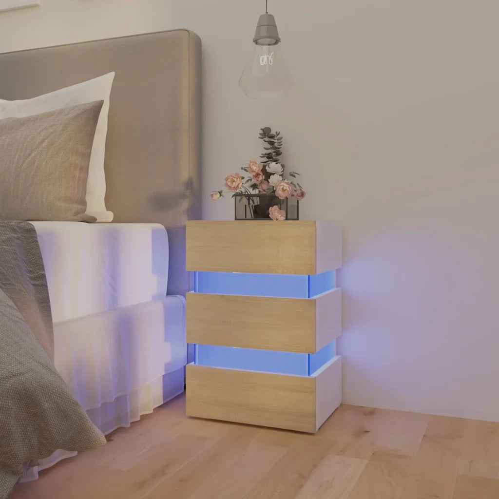 Comodino con Luci LED Bianco e Sonoma 45x35x67cm in Multistrato 326845