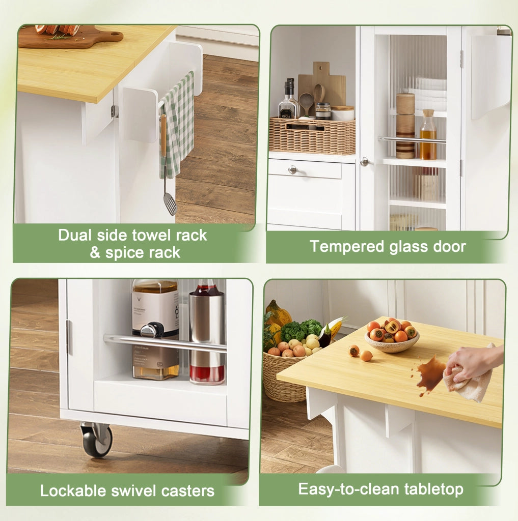 Isola da cucina su ruote con piano ribaltabile 120x45(70)x92 cm in MDF natural e bianco