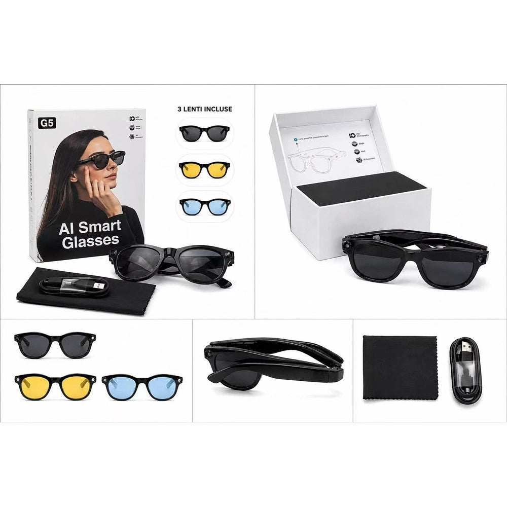 Trade Shop - Occhiali Ai Smart Glasses G5 Intelligenti Fotocamera Hd Bluetooth 3 Lenti Intercambiabili -