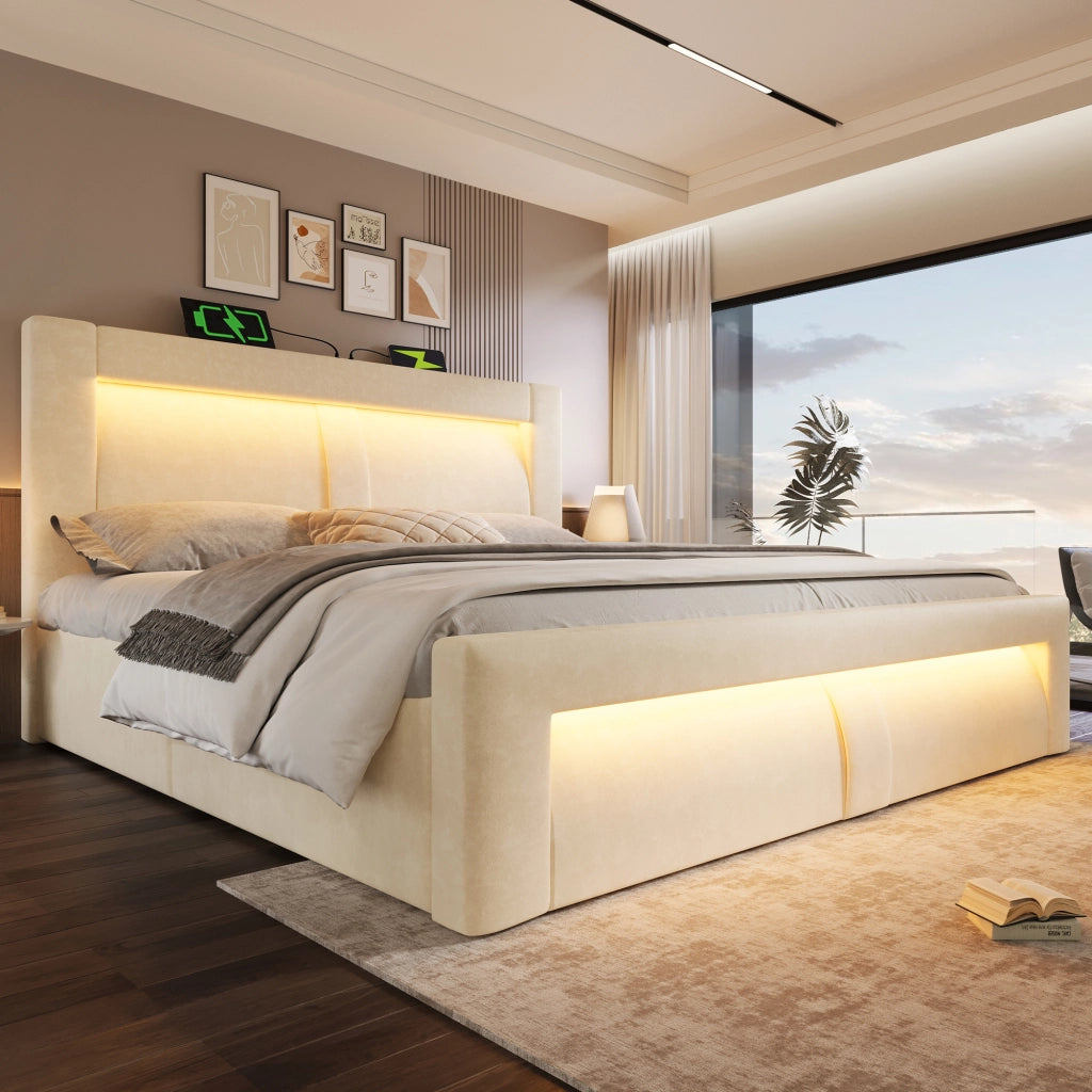 DESMIU Letto Contenitore 140 × 200 cm 2 Posti con LED, USB, Type-C, Contenitore Idraulico, senza Materasso, in Velluto Beige