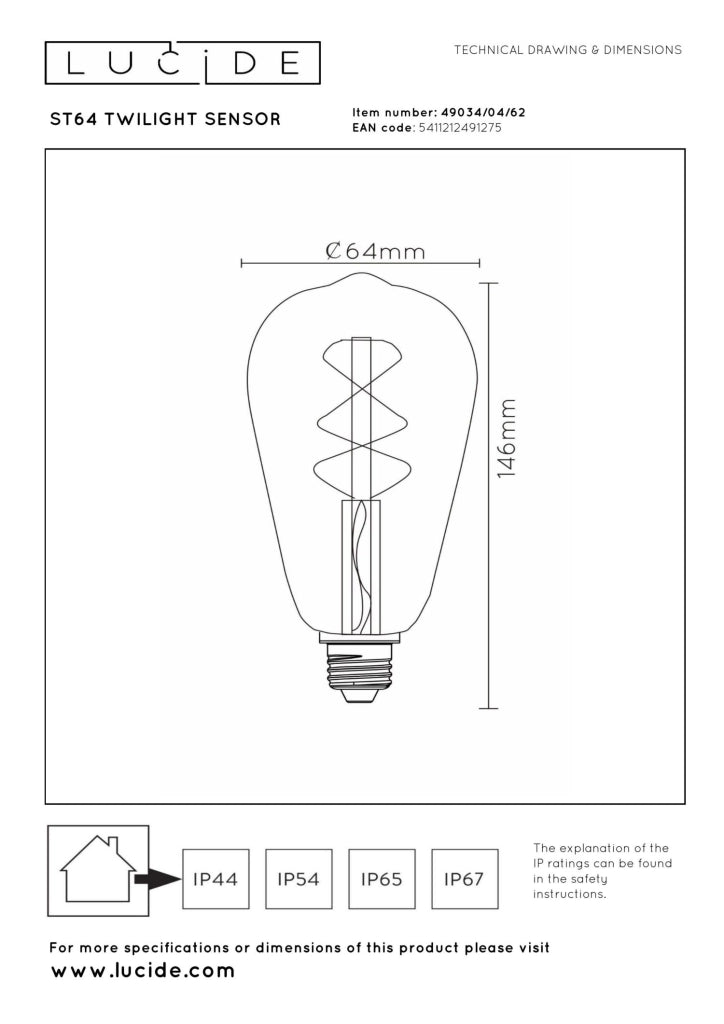 Lampadina LED filamento crepuscolare E27 ambra ovale Lucide