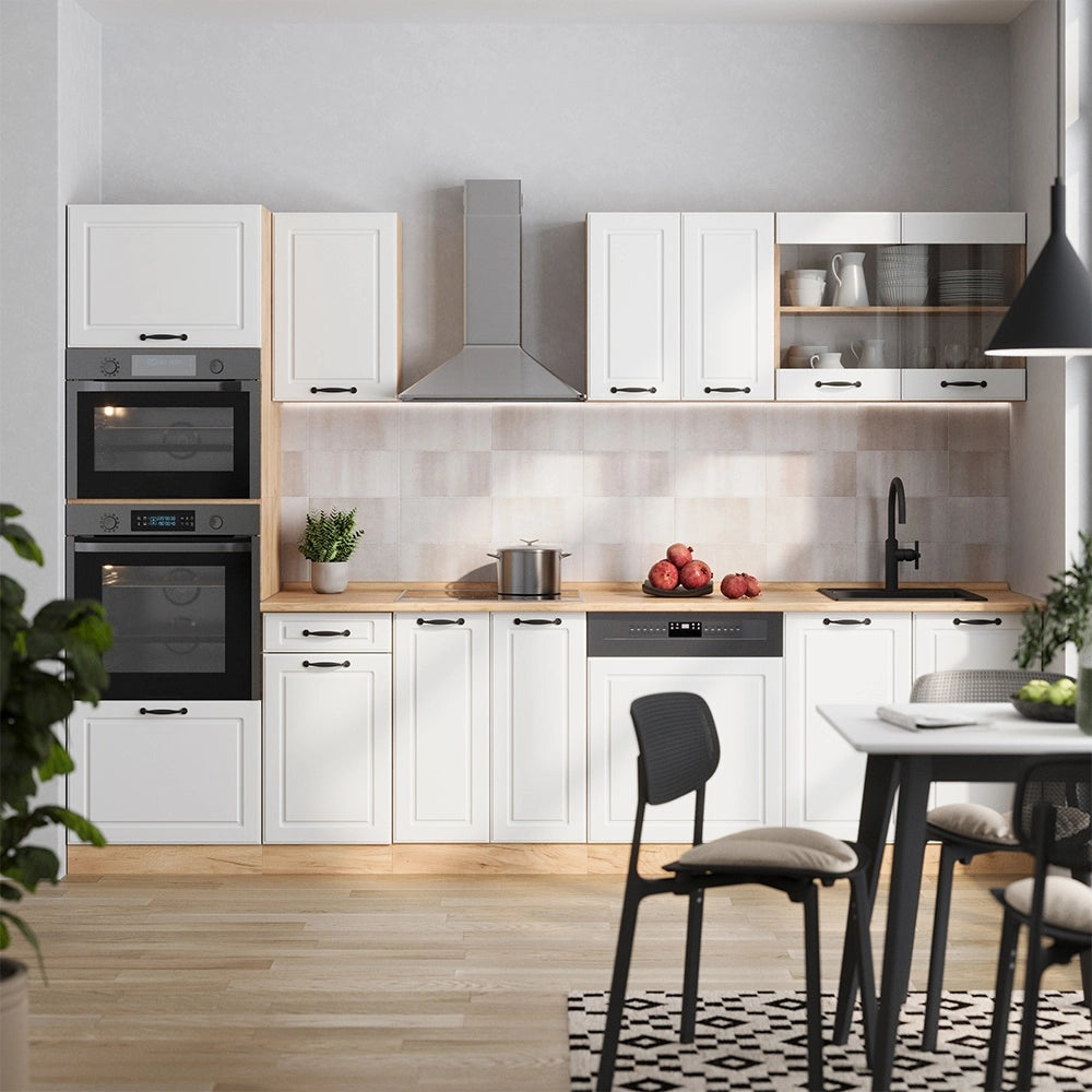Cucina componibile R-Line Bianco rustico/Rovere dorato 300 cm con armadio alto, PL Rovere Vicco